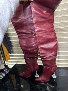 Amina Muaddi Burgundy Over-the-Knee Pointed-Toe Boots
